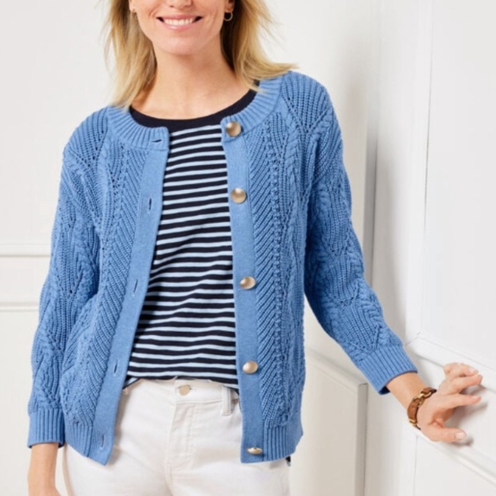 Talbots Blue Cable Knit Crewneck‎ Grandpa Chunky Cardigan Sweater X-Large